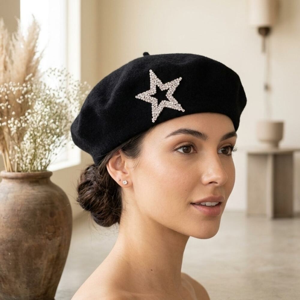 New Wool Felt French Beret Hat Womens One Size Black Rhinestone Star Detail